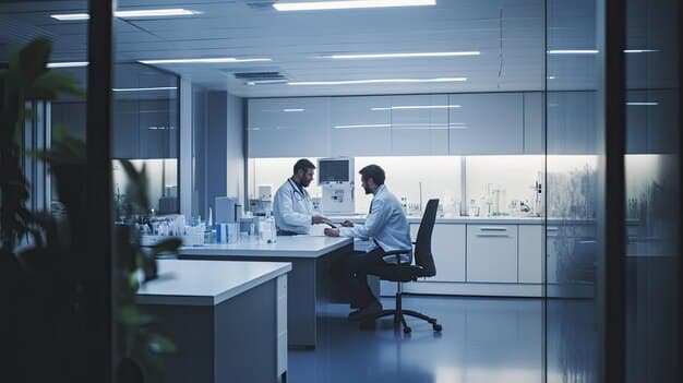 Two men sitting desk large room with large window representing Licensing of a Pharmaceutical Facility in the UAE