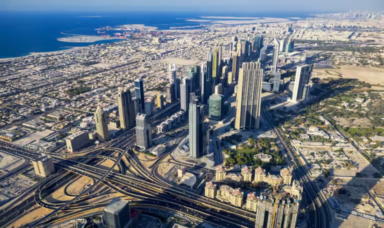 Aerial view of Dubai skyline and commercial financial district representing Saudi Arabia Company Formation, MISA Registration & Market Entry