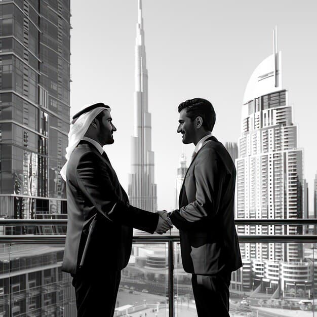 Two young businessman shaking hands representing FAQs in the UAE